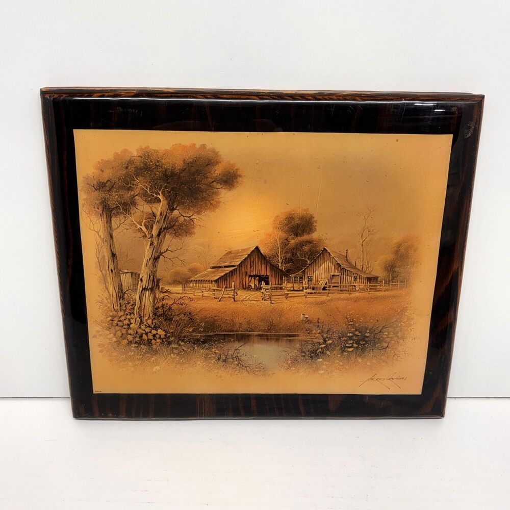 2 Vtg Wooden Hanging Rustic Farmhouse Scenes Art Plaques Decor Glossy 12" x 10" - Picture 2 of 6